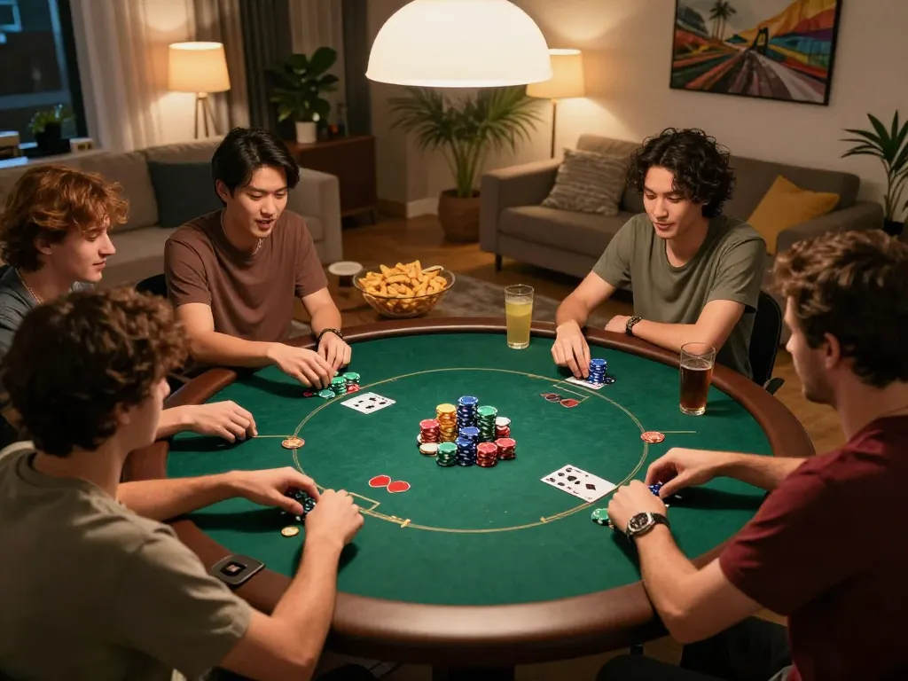 Friends playing poker at home, strategizing their game with vu88's diverse betting options.