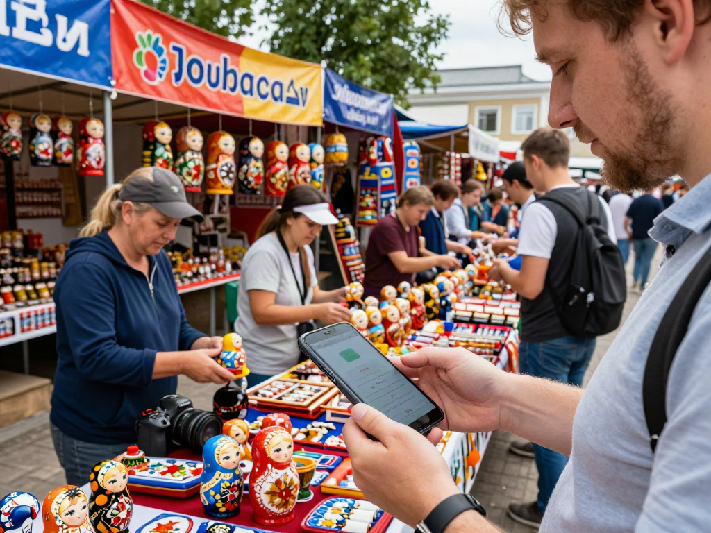 Yurtdışında alışveriş yapan bir turist, https://payinrussia.com/ uygulaması ile Rus pazarında kolay ödeme yapıyor.
