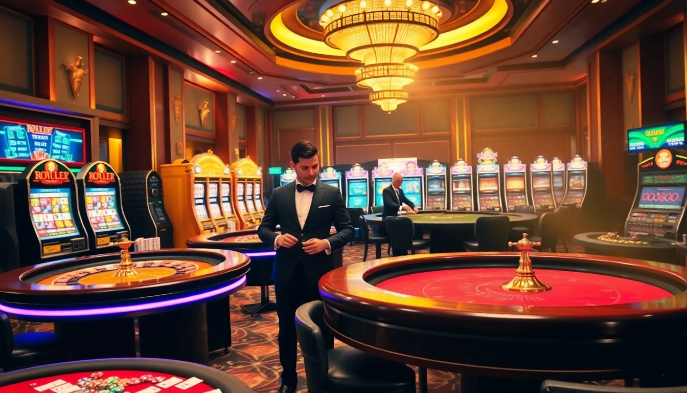 A lively casino scene exhibiting thrilling games, linked to the platform https://da88.bot/, inviting players to explore various options.
