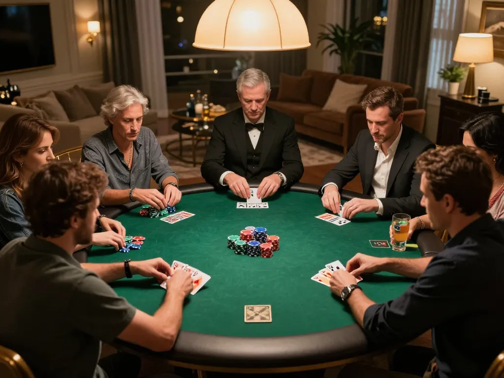 X88.COM poker night with friends enjoying strategic gameplay around a round table in a cozy home.