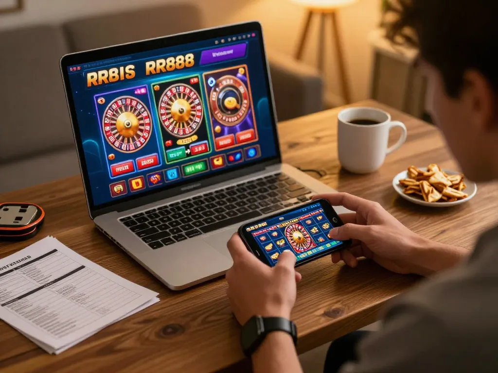 Player engaging with RR888 casino gaming app on smartphone in cozy home setting