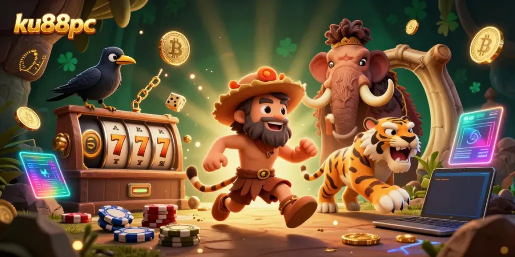Place bets at ku88pc in a vibrant prehistoric casino scene with colorful game elements.