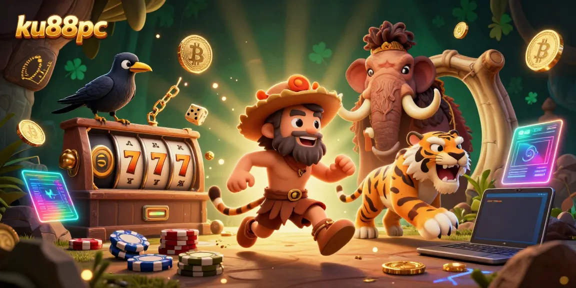 Place bets at ku88pc in a vibrant prehistoric casino scene with colorful game elements.