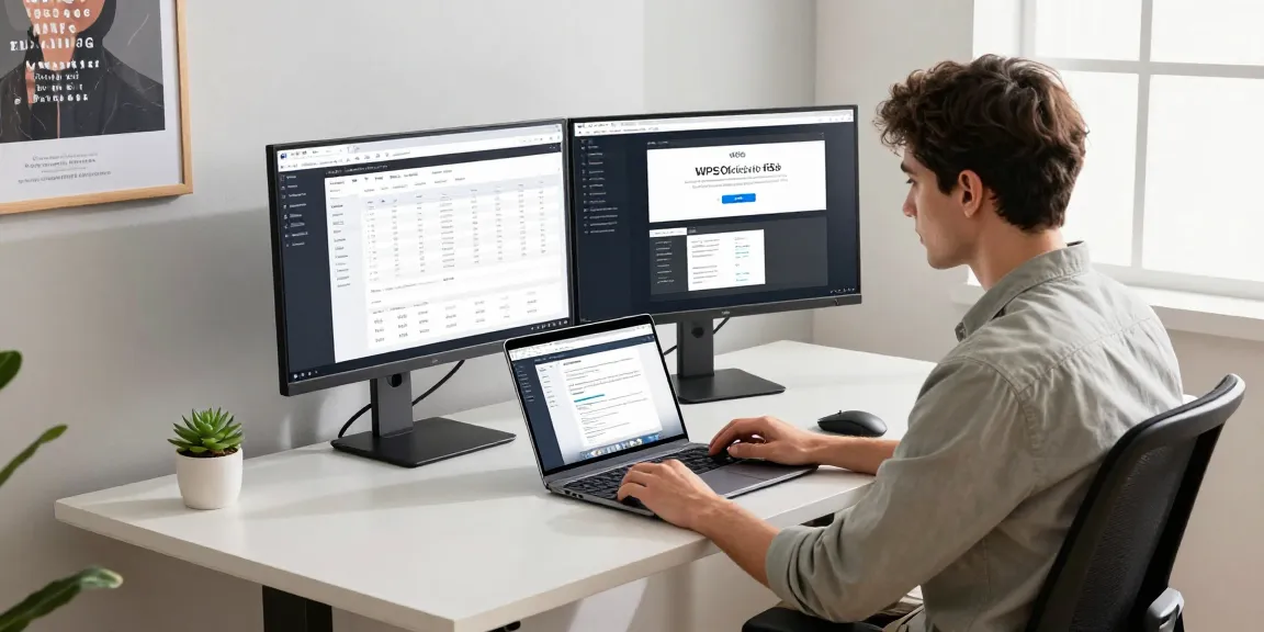 A modern workspace with a professional using the WPS Official Website on a sleek laptop, showcasing a productive tech environment.