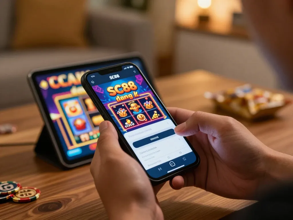Logging into SC88 đăng nhập on a smartphone while enjoying home gaming.