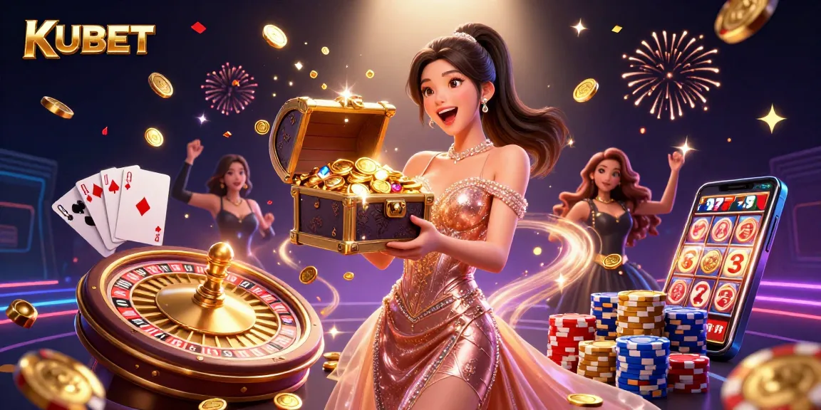 KUBET offers an exhilarating gaming experience with a vibrant casino scene featuring dynamic treasures and gaming elements.