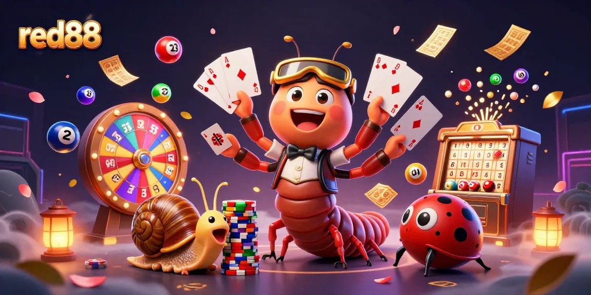 Engage with red88's vibrant cartoon scene, showcasing an exciting casino atmosphere with dynamic game elements.