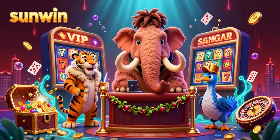 Join the fun at Sunwin casino with a colorful 3D scene featuring characters and casino elements.
