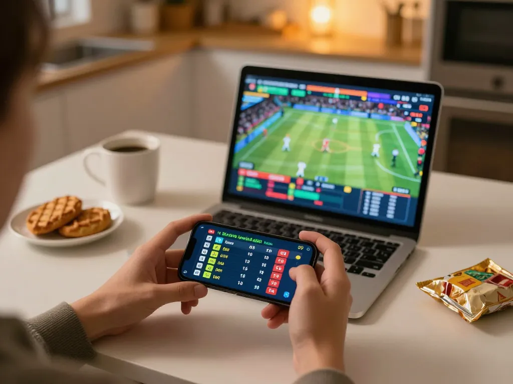 Engaging in sports betting on smartphone with live odds at cozy home setup 5679