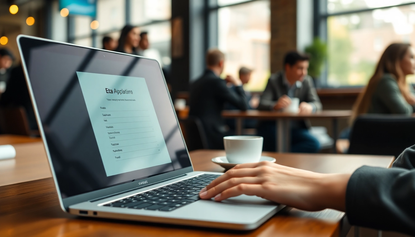 Fill out the eta application uk on a laptop in a cozy café setting.