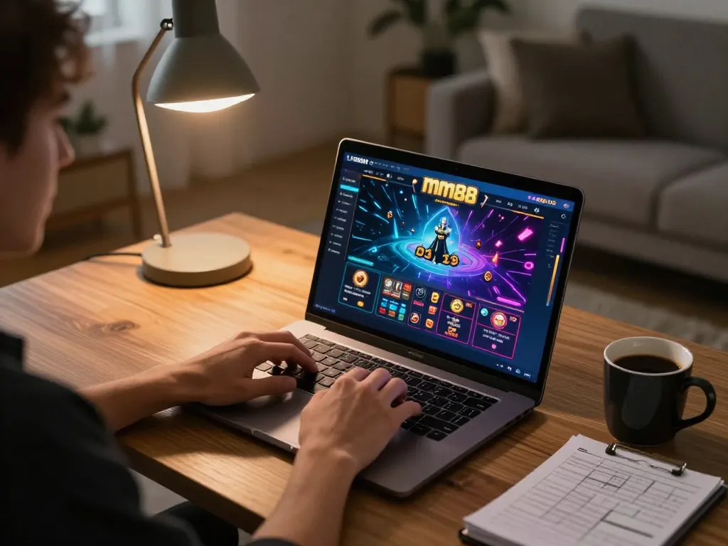 Engaging online gambler at mm88 casino interface, enjoying a cozy home gaming experience.