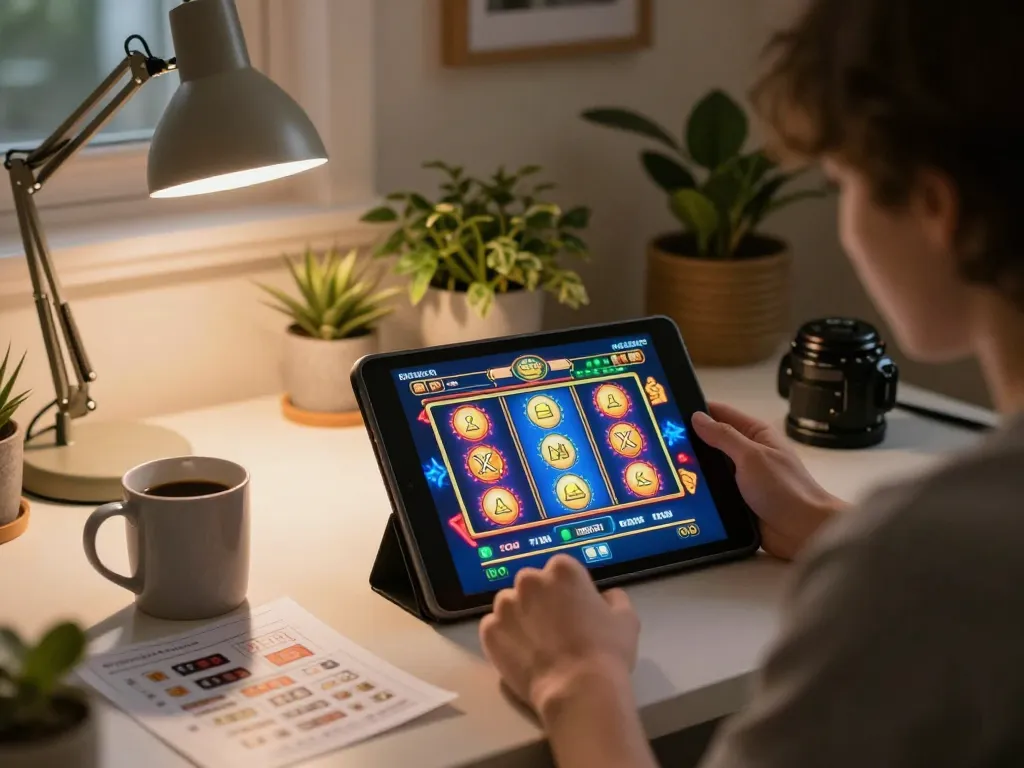 Engaging in online gaming at https://five88.miami/ with colorful slot interface on tablet in cozy home setting