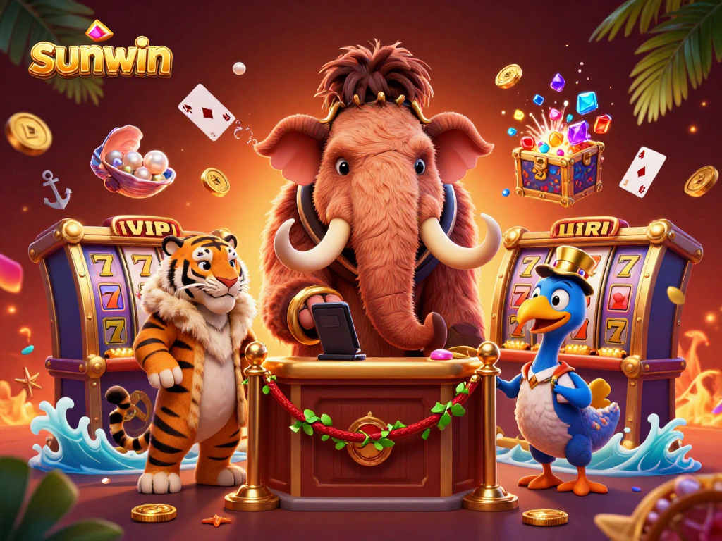 Experience the vibrant atmosphere of sunwin as a woolly mammoth checks IDs at the casino door amidst golden slot reels.