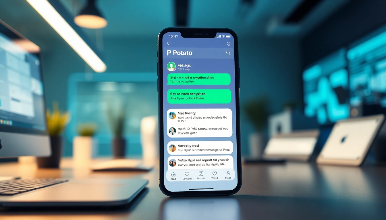 Potato messaging app interface showcasing privacy features in a modern tech workspace.