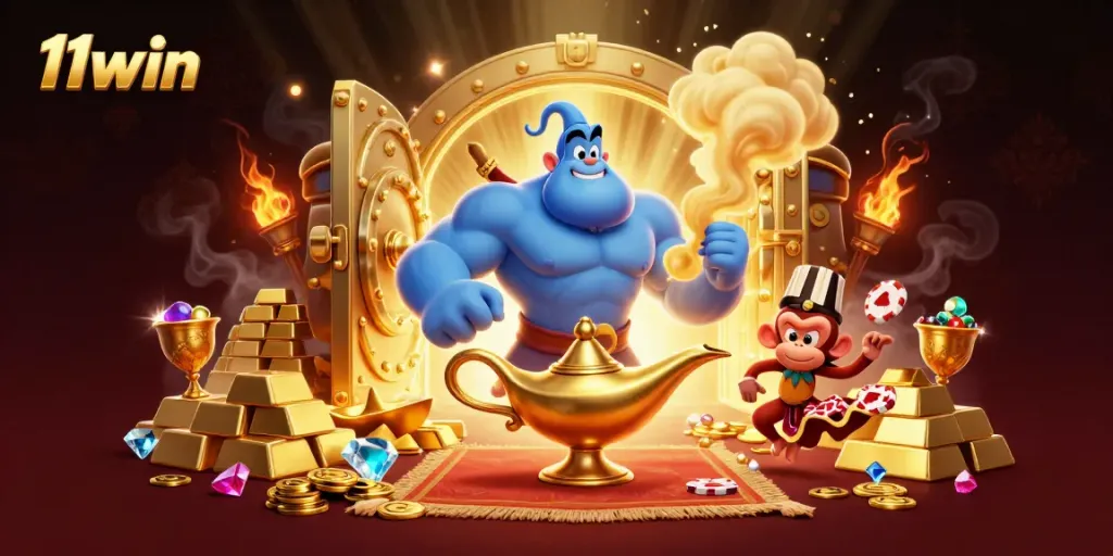 Experience the excitement of 11win with a vibrant 3D illustration featuring a blue genie and gems.