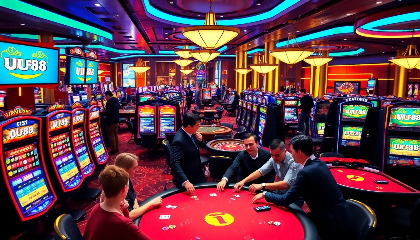 Experience the thrill of UU88 with players enjoying various casino games in a luxurious setting.