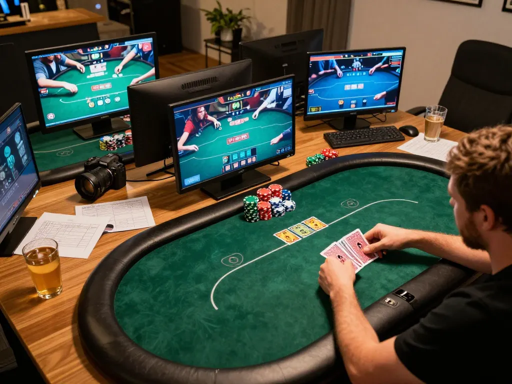 F8bet player strategizing during intense online poker session in modern setup