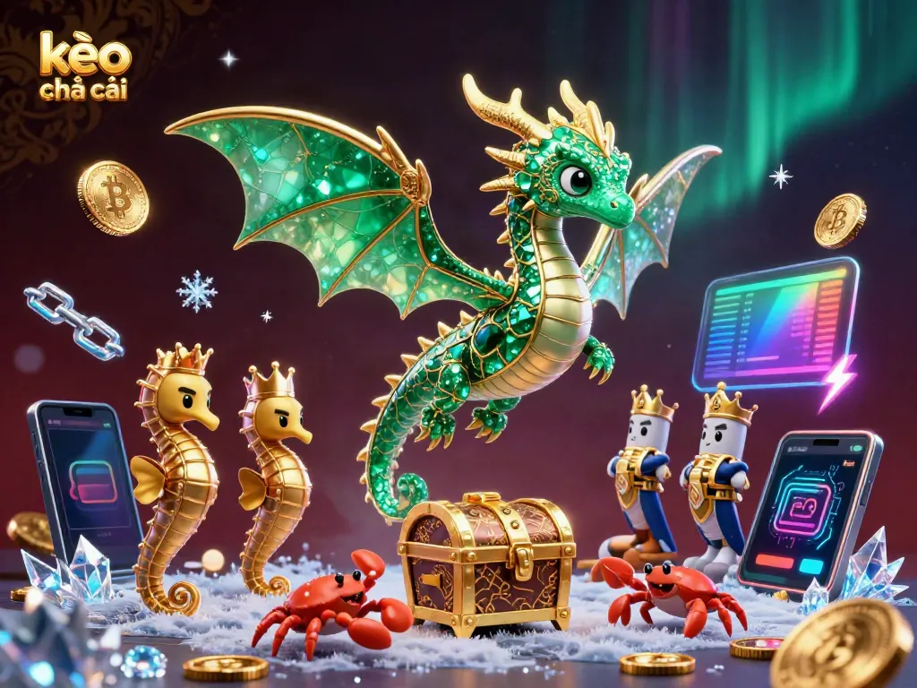 Experience the kèo nhà cái dynamics with a vibrant sea dragon and treasure, showcasing crypto elements.