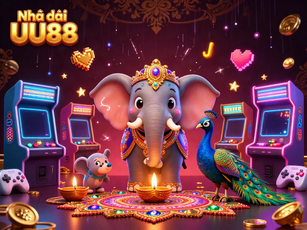 Engage in thrilling gameplay at Nhà cái UU88 with vibrant visuals of a casino featuring a festive elephant, peacock, and gaming machines.