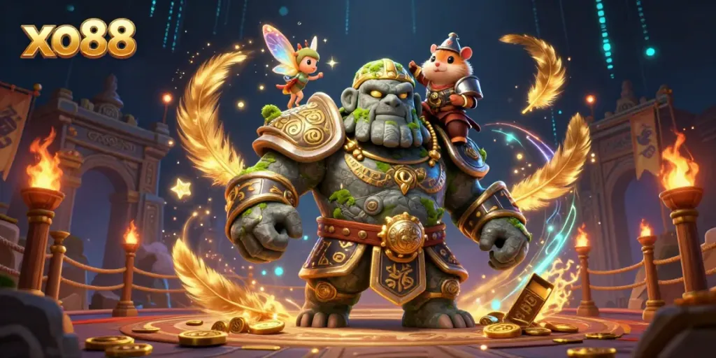 Engage with the exciting magic of xo88 in this vibrant 3D illustration featuring a golem and knight