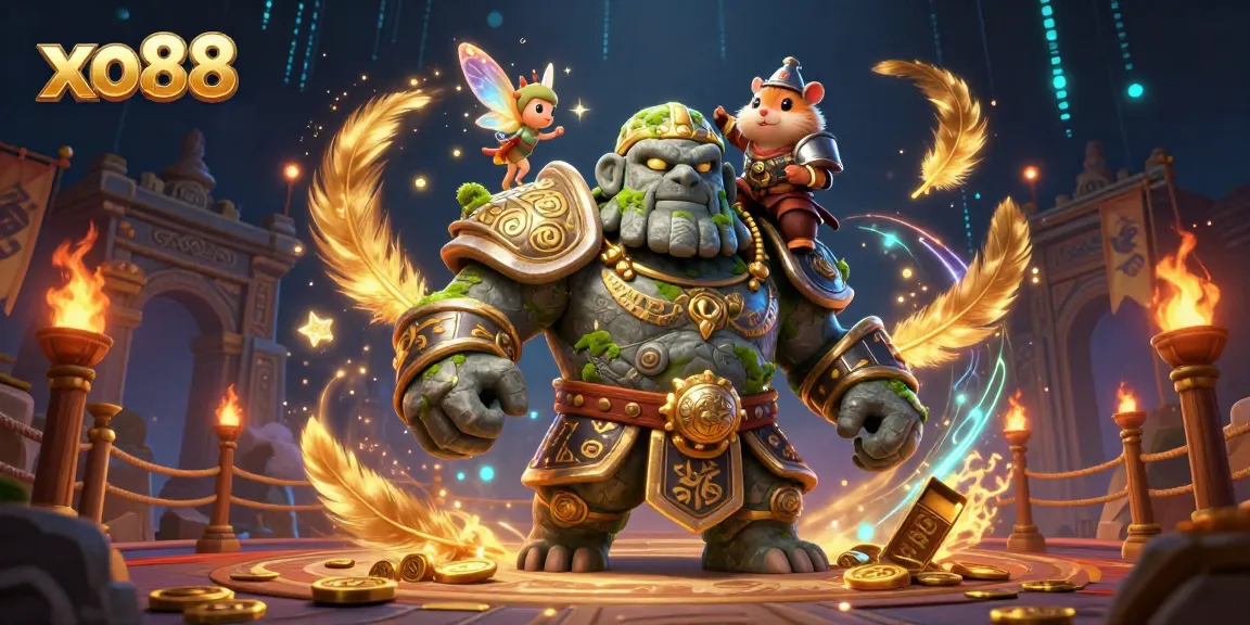 Engage with the exciting magic of xo88 in this vibrant 3D illustration featuring a golem and knight