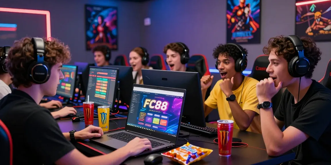 Excited gamers engaging with the FC88 online casino interface, showcasing vibrant graphics and a dynamic atmosphere.