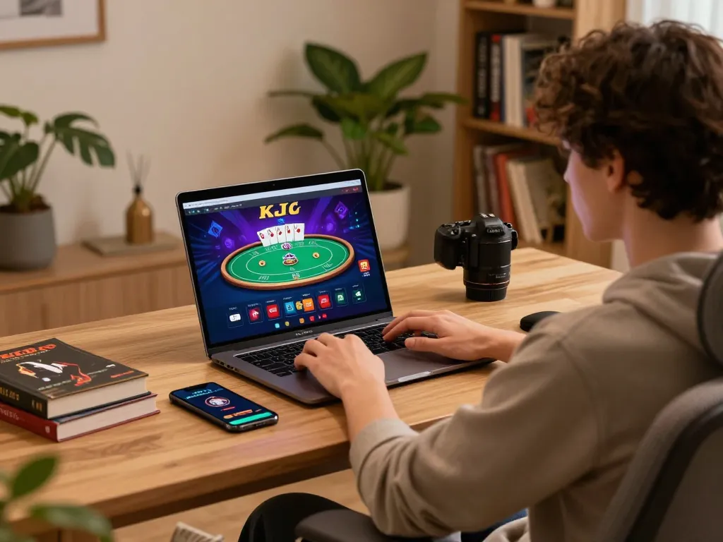 KJC online poker gaming setup with a person engaged, showcasing cozy atmosphere and strategic focus.