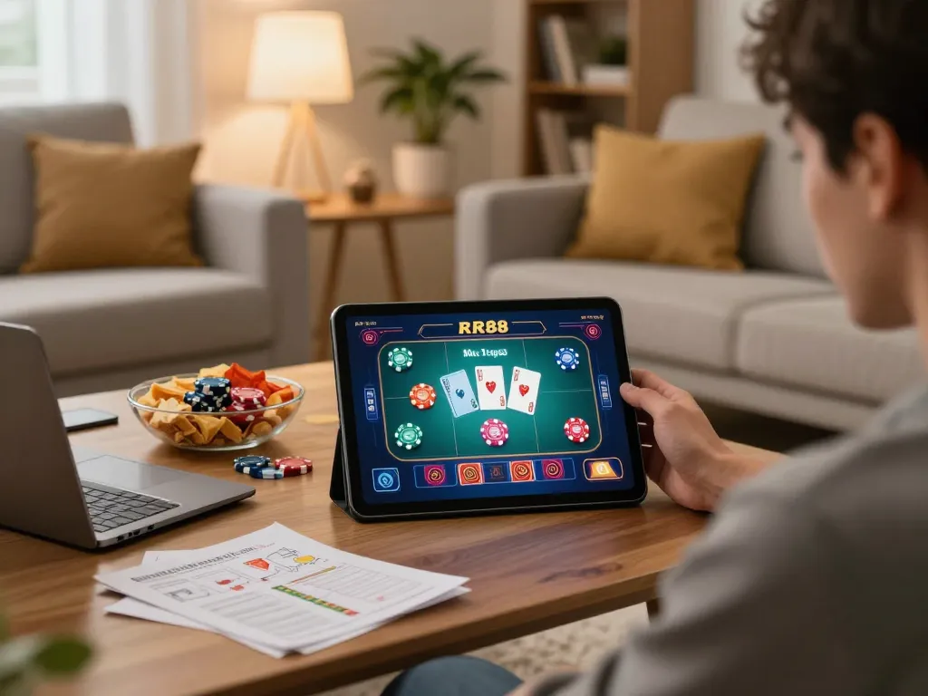 Player using the RR88 apk on a tablet in a cozy home setting, highlighting online gambling enjoyment.