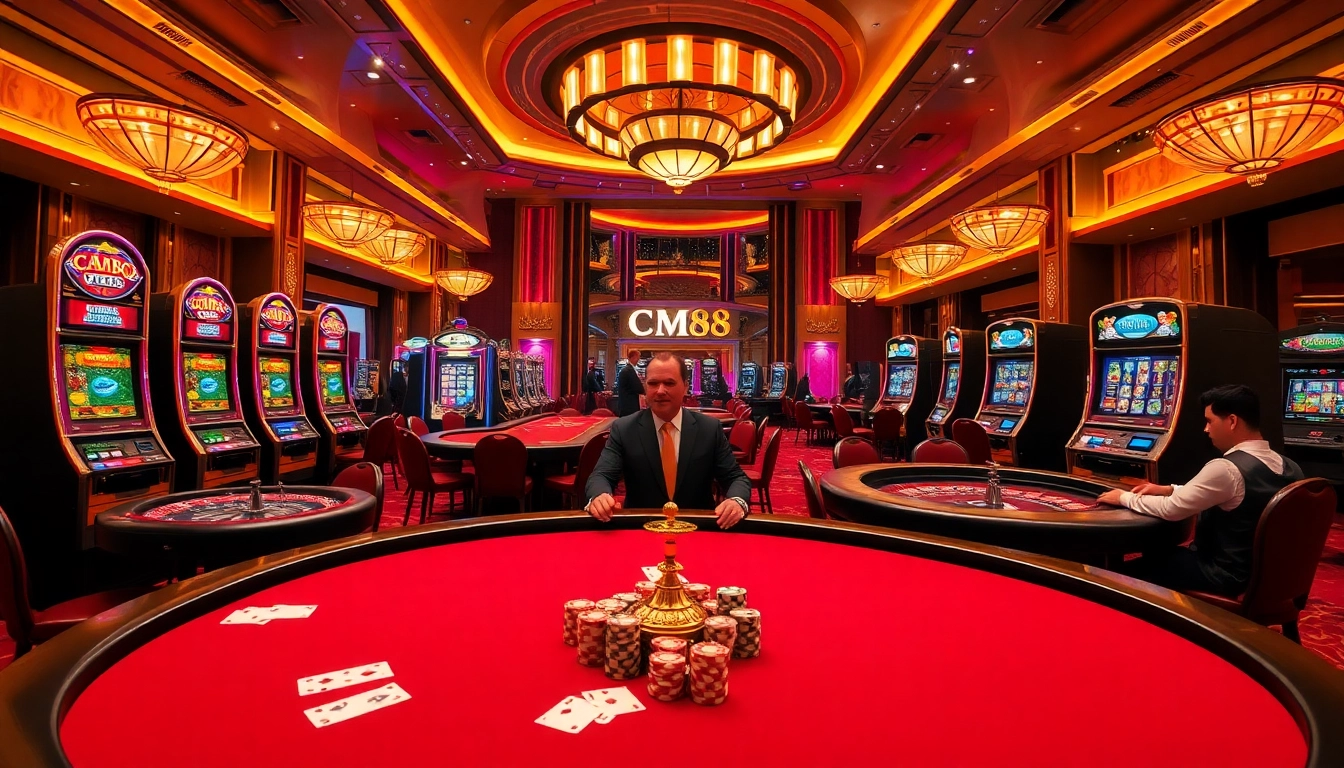 Players enjoy a thrilling game at CM88's high-end casino featuring vibrant slot machines.