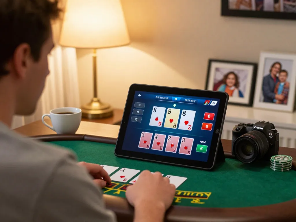 Player engaging in online blackjack on MM88 in a cozy living room setting, showcasing strategic decision-making.