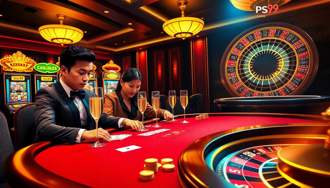 Experience the excitement of PS99 with players engaged at a poker table in a luxurious casino.