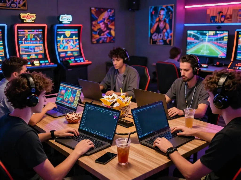 Diverse group enjoying nbet gaming on multiple devices in modern digital casino.