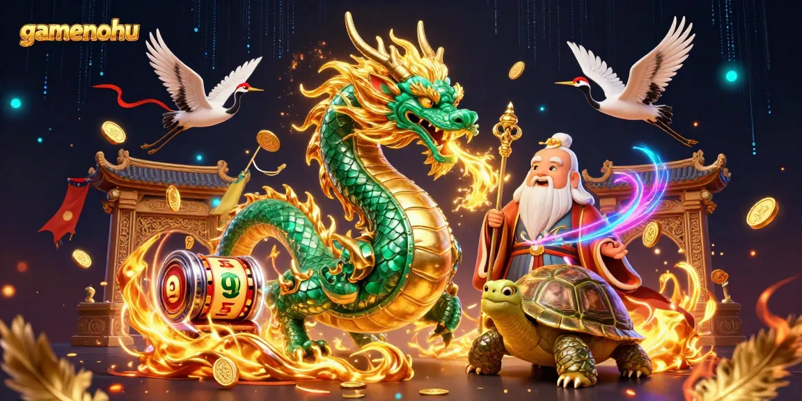 Experience thrilling gameplay at gamenohu with a dynamic scene featuring a jade dragon, lucky cranes, and casino elements.