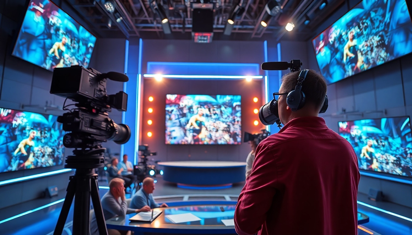 Engaging sports broadcasting studio scene highlighting a broadcaster amidst vibrant lighting.