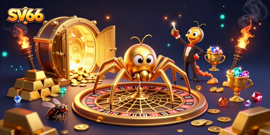 Experience thrilling bets at SV66 with a cartoon spider, roulette wheel, and treasure elements