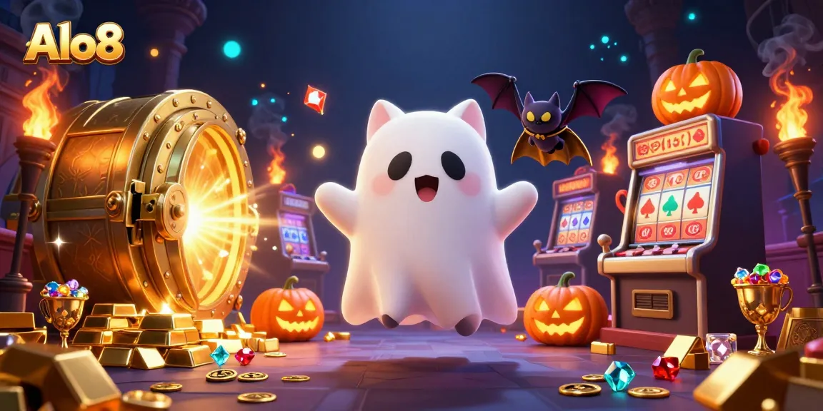 Alo8 gaming experience with a ghost cat and vampire bat in a vibrant casino scene.