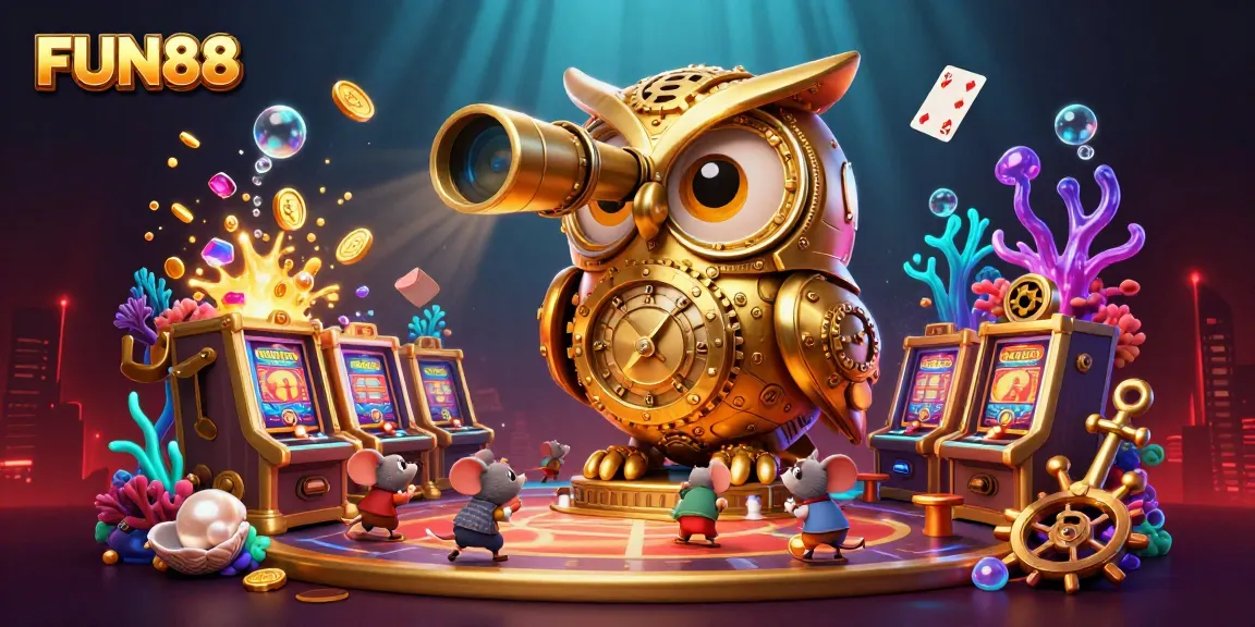 Engage with FUN88 as the golden owl scans a vibrant casino, surrounded by animated gaming elements.