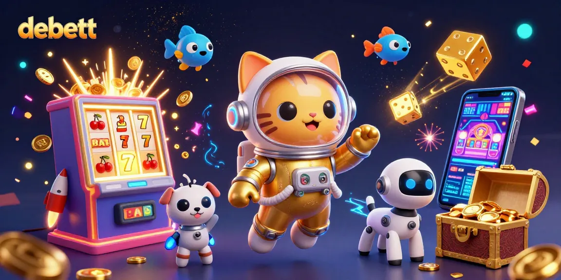 Engage with debett's thrilling casino world as a space astronaut cat plays slots amidst vibrant cosmic elements.