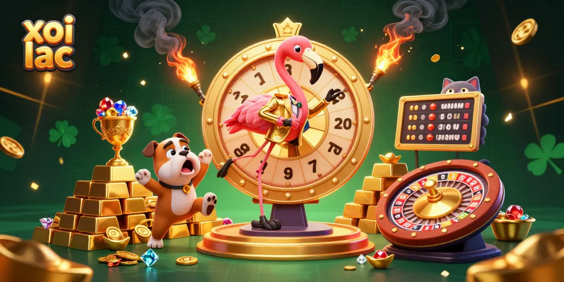 Xoi Lac delights with a thrilling game show scene featuring a flamingo host, a contestant bulldog, and sparkling treasures.