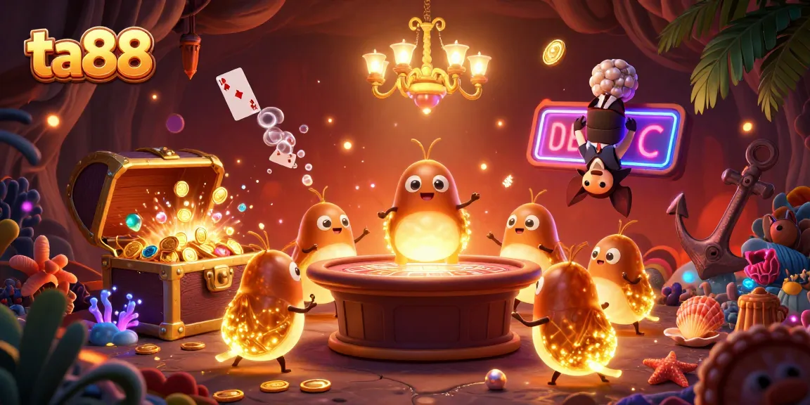 Experience the vibrant ta88 casino with glowing glowworms and a bat dealer in this whimsical illustration.