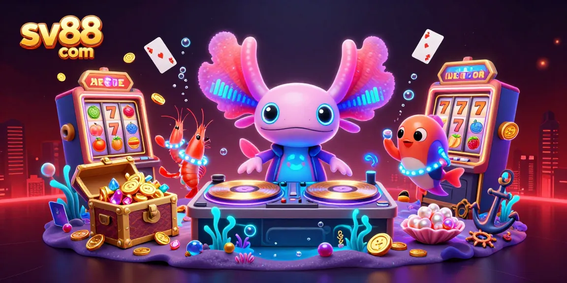 Experience exciting gameplay at sv88 com with vibrant casino-themed 3D illustration featuring an axolotl DJ and slot machines.