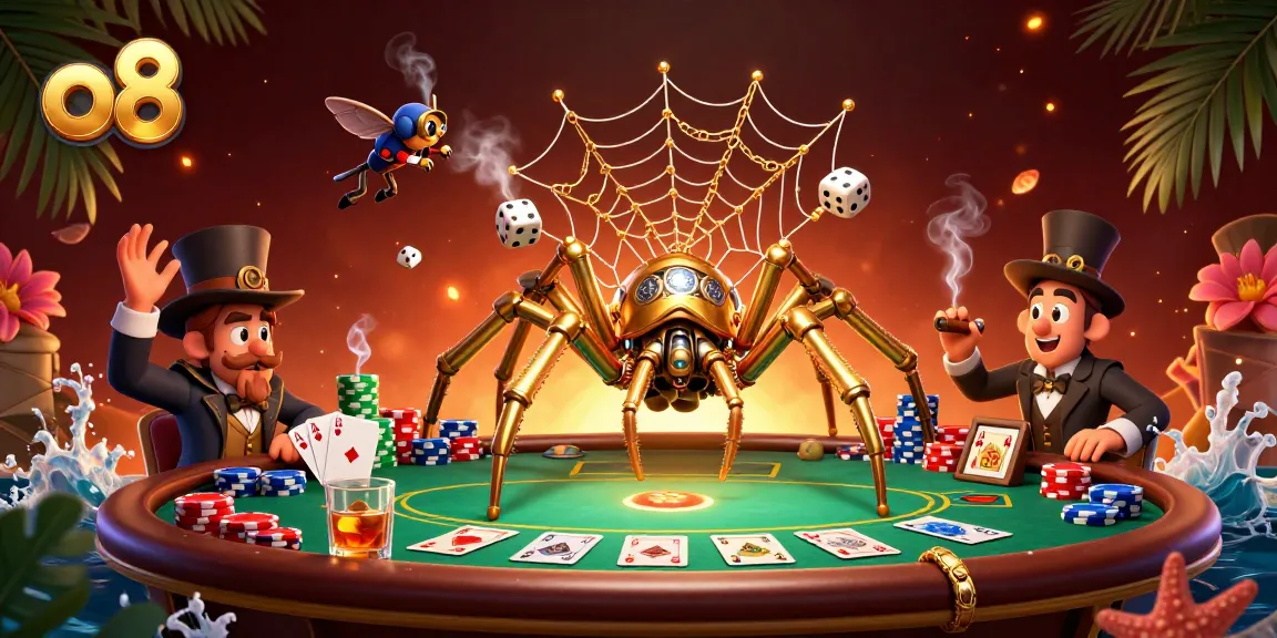 Experience thrilling gameplay at O8, where a steampunk spider weaves an intricate web of luck and poker.