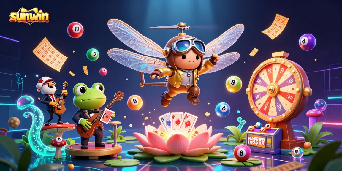 Experience sunwin's thrilling casino atmosphere with a dragonfly pilot and frog croupier amidst vibrant game elements.