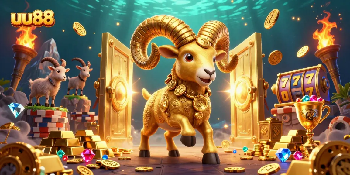 Experience the excitement of uu88 with a golden ram charging through a vibrant casino scene filled with treasures.