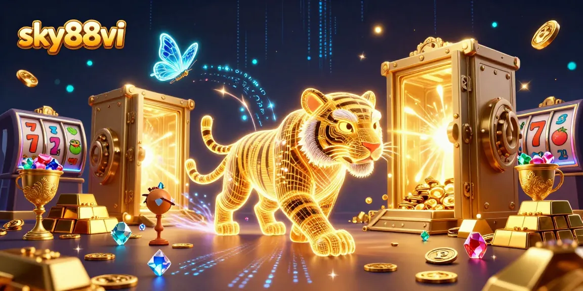 Engage with sky88vi's electrifying digital casino scene highlighted by a neon tiger and slot game elements.