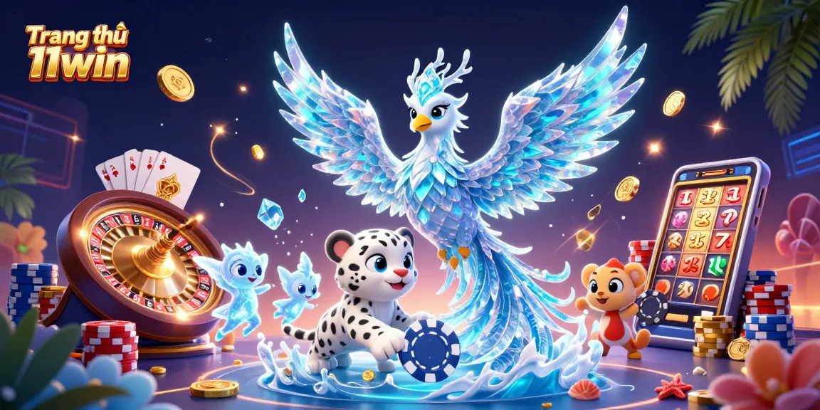 Engaging illustration of Trang chủ 11win showcasing dynamic 3D art with vibrant casino elements.