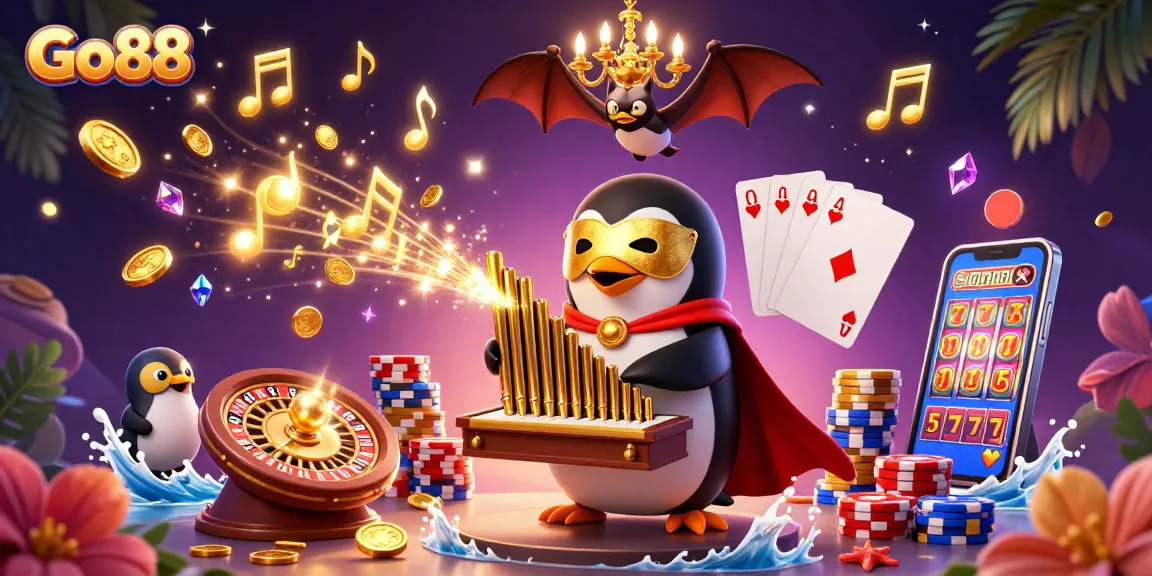 Engage with thrilling Go88 casino adventures featuring a vibrant 3D penguin and dynamic game elements.